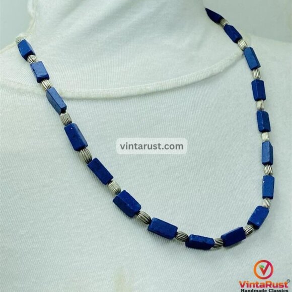 Lapis Lazuli Beaded Necklace: Silver Accent, Adjustable Cotton Tie - Picture 2 of 7